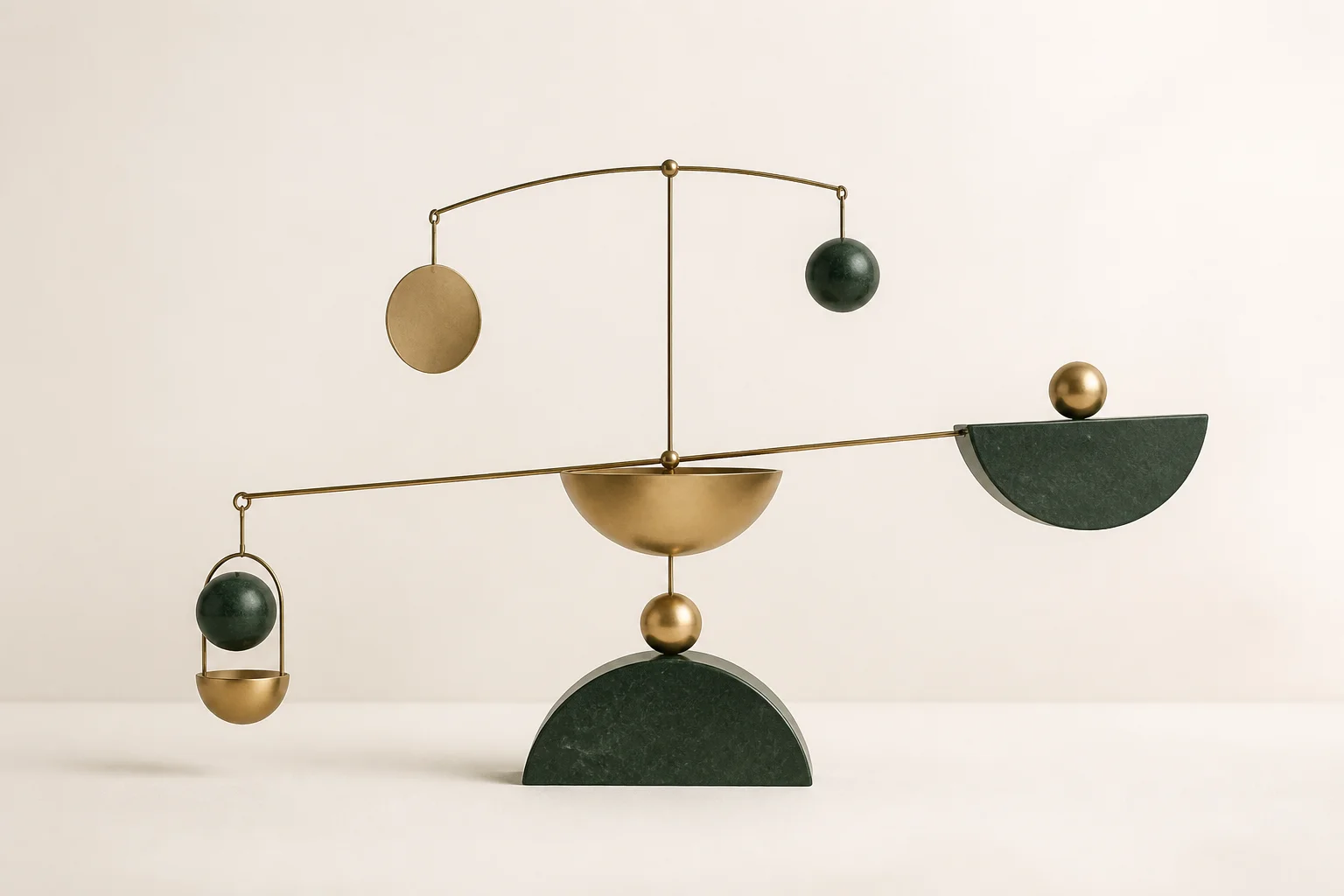 A minimalist abstract sculpture of a balanced kinetic mobile in forest green and brass, with weighted forms held in equilibrium.