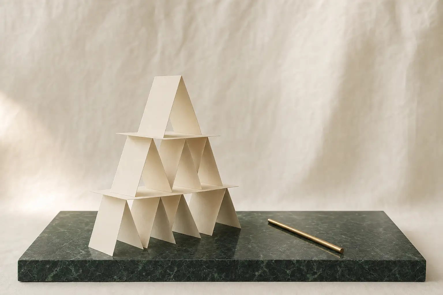 A house of cards built from blank paper notes on a green marble base